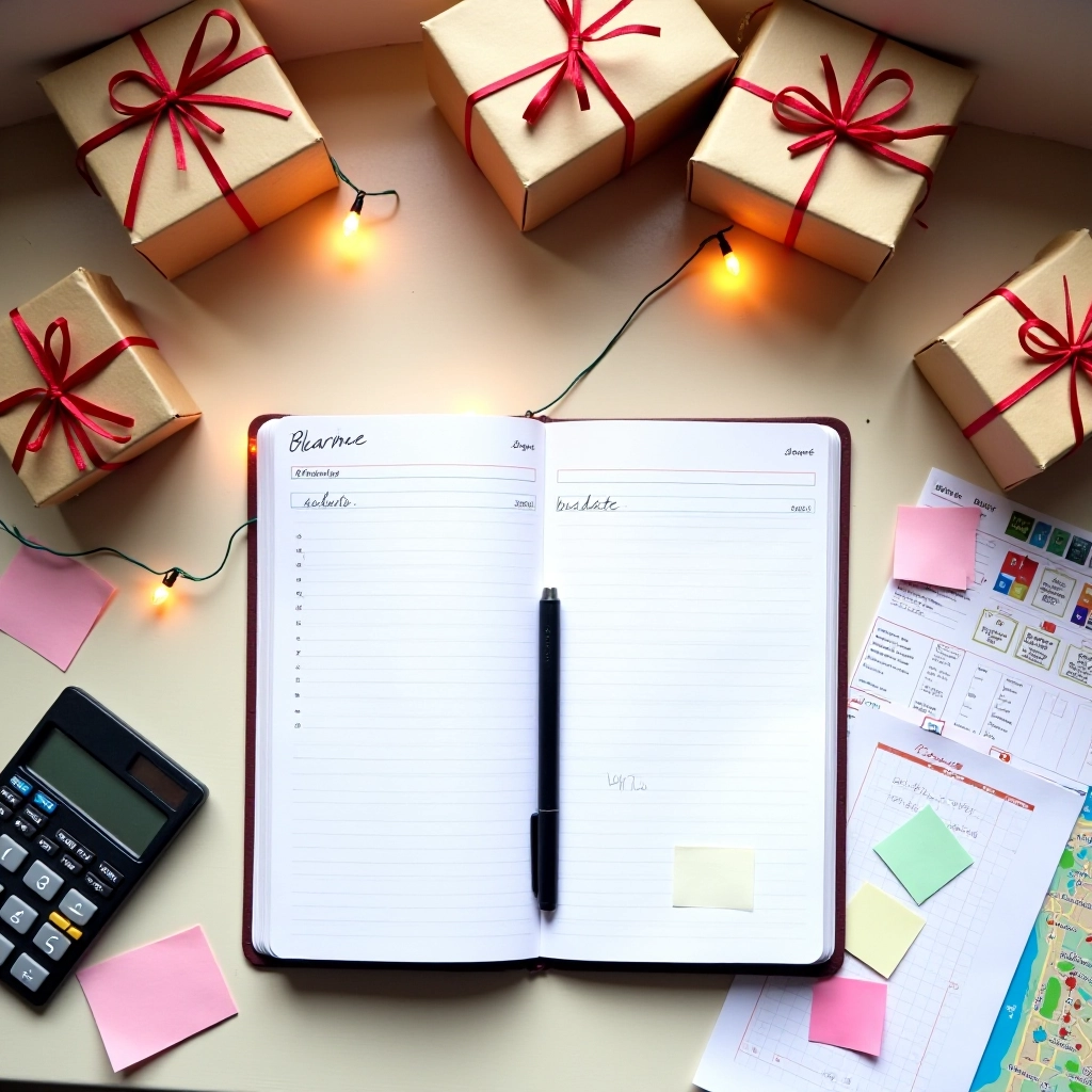Festive Budget Editorial Team workspace with budget planning materials, research documents, and holiday spending guides on a wooden desk