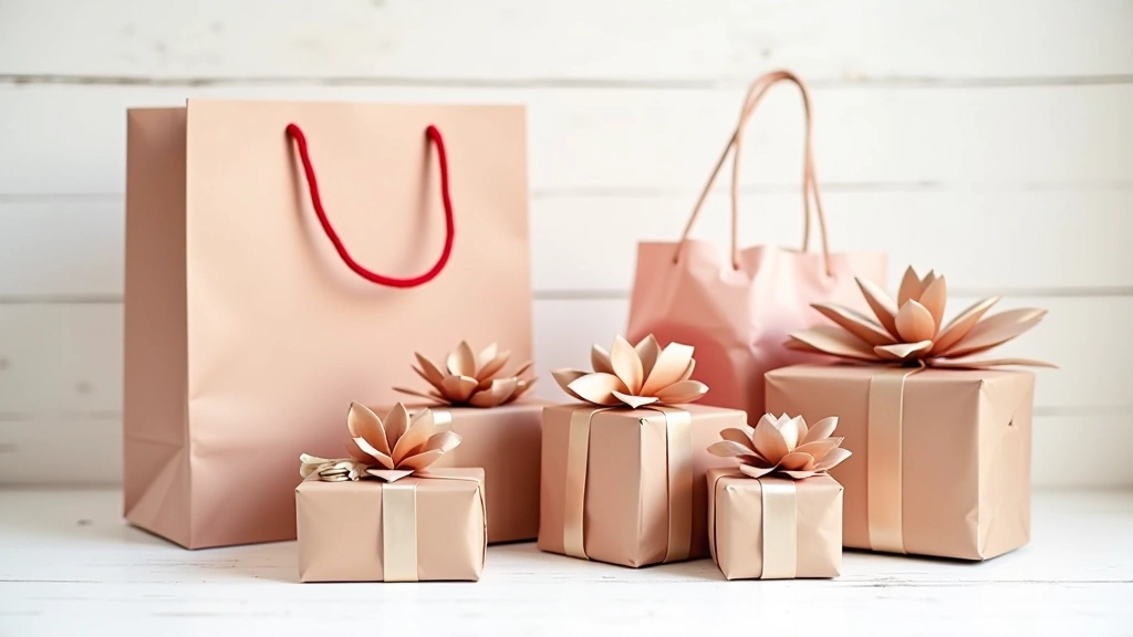 Colorful holiday shopping bags and wrapped presents arranged on white wooden surface with neutral background