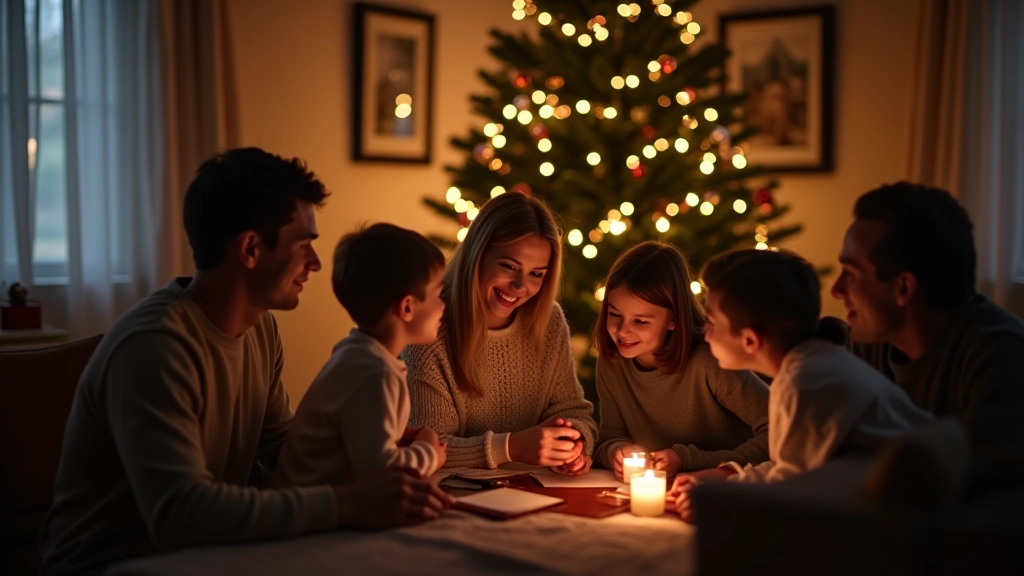 Children and adults gathered around decorated Christmas tree with presents underneath in cozy living room